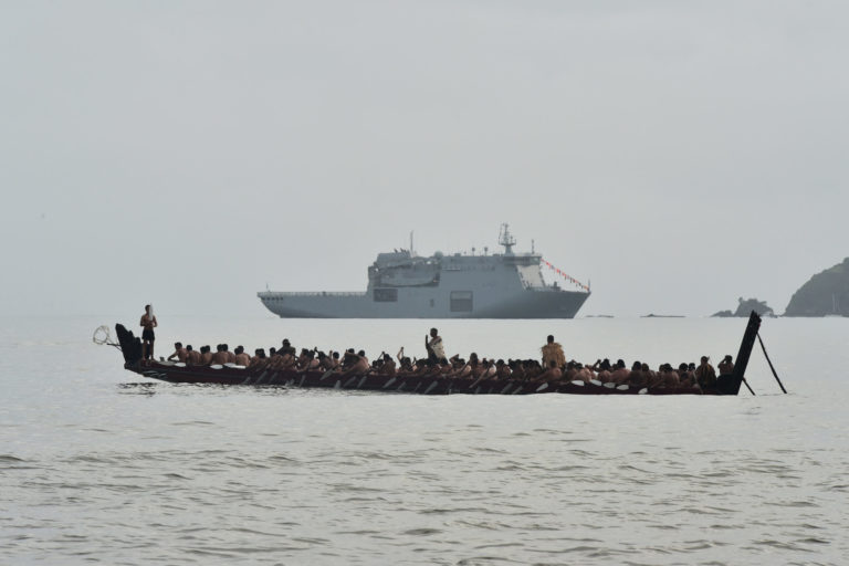 2016 Waitangi Day Celebrations. HMNZS Canterbury and a waka