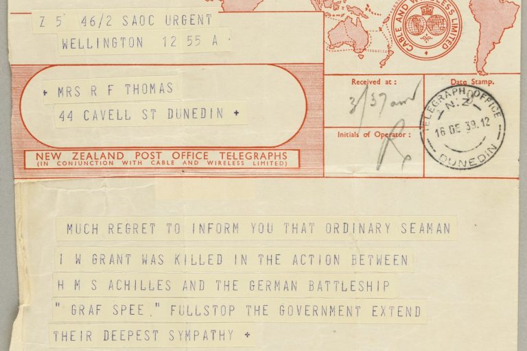 Cablegram from Minister of Defence to Mrs R F Thomas (Ian’s mother), 16 December 1939