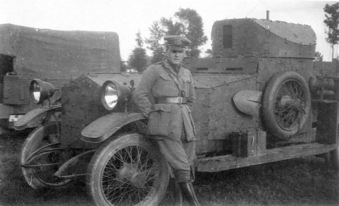 AUB-0020-WW1-Armoured-car-and-S-J-Hannah-Belgium-1915-1 Armoured car and Lieutenant S J Hannah, Belgium 1915