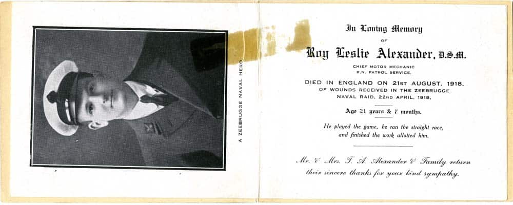 Sympathy acknowledgement card in respect of CMM Roy Alexander DSM, who died of wounds received during raid on Zeebrugge Sympathy acknowledgement card in respect of CMM Roy Alexander DSM, who died of wounds received during raid on Zeebrugge