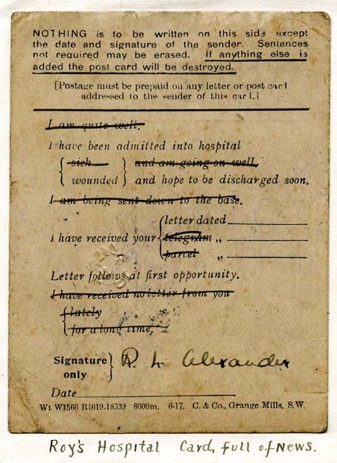 Hospital card advising CMM Roy Alexander has been wounded following raid on Zeebrugge Hospital card advising CMM Roy Alexander has been wounded following raid on Zeebrugge