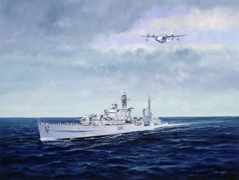 In November, 1965 the cruiser HMNZS Royalist (C89) was returning to New Zealand from deployment in the Far East. The ship had visited Manus Island and was in the Coral Sea enroute to Suva, Fiji, when her boilers became contaminated with sea water. For several days the ship drifted, before being taken in tow for the long slow passage to Auckland. During this time conditions on board were quite unpleasant and drinking water was in short supply. Spirits were raised on the morning of 6 November when a Royal New Zealand Air Force Sunderland aircraft dropped a parcel of mail to the ship. Oil on Board, 1991.