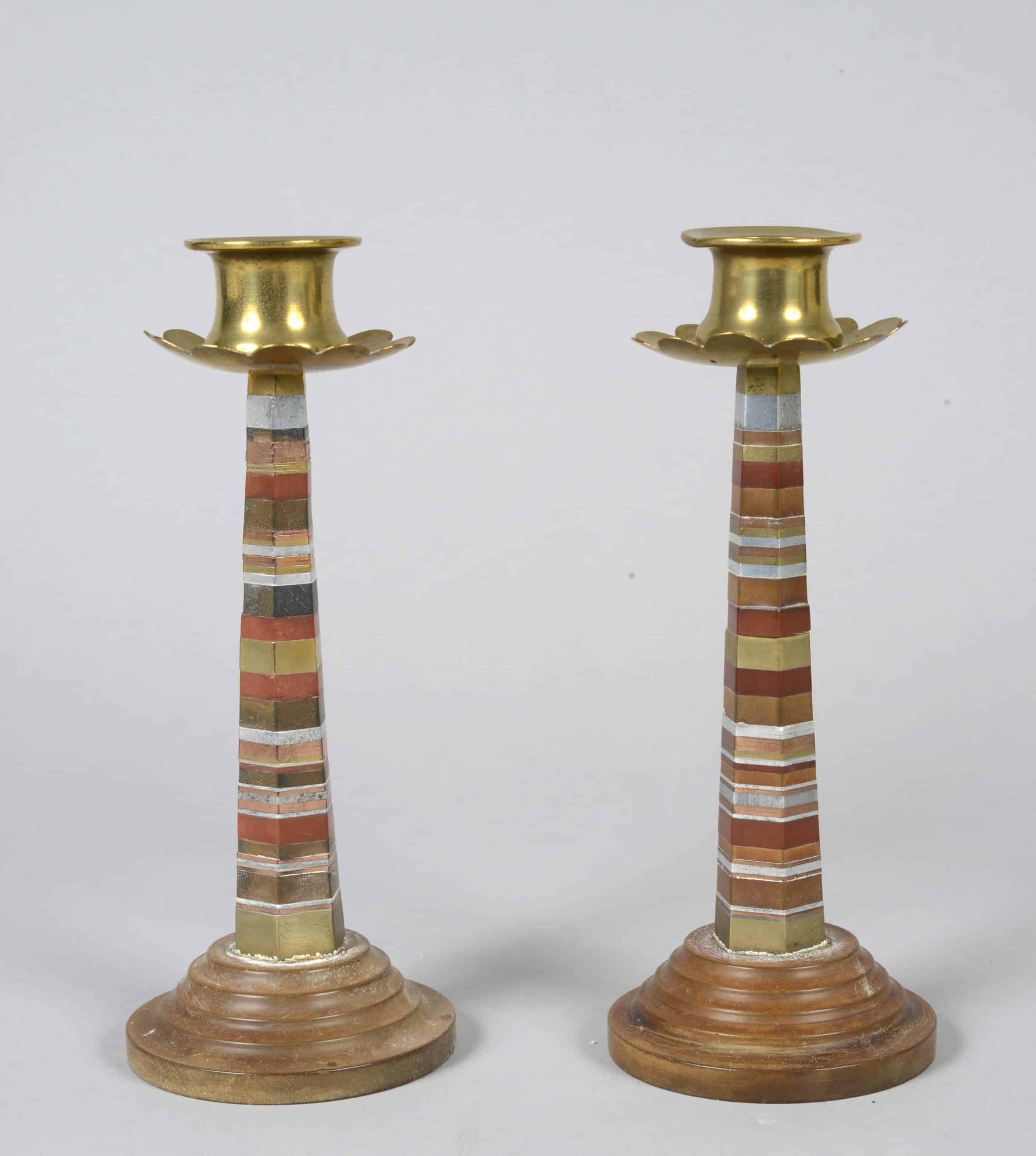 GBA-0001-Pair-of-Candlesticks1 Pair of Candlesticks made by Stoker A.E. Bassett from nuts and other engineering spares whilst serving in HMS Europa during World War One.