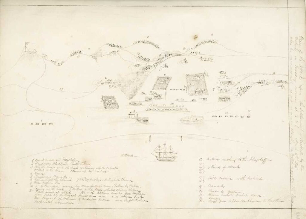 View of the attack upon the settlement of Russell by natives in Tuesday morning at a quarter to 5. Bambridge, William, 1819-1879: Diaries. Ref: MS-0130-249. Alexander Turnbull Library, Wellington, New Zealand./records/223094839